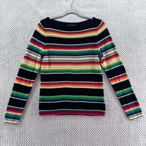 Lauren Ralph Lauren Top Womens PL Black Striped Linen Boat Neck Long Sleeve 70s